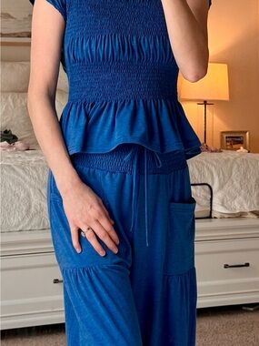 Blue Smocked Peplum Top and Wide Leg Pants Set
